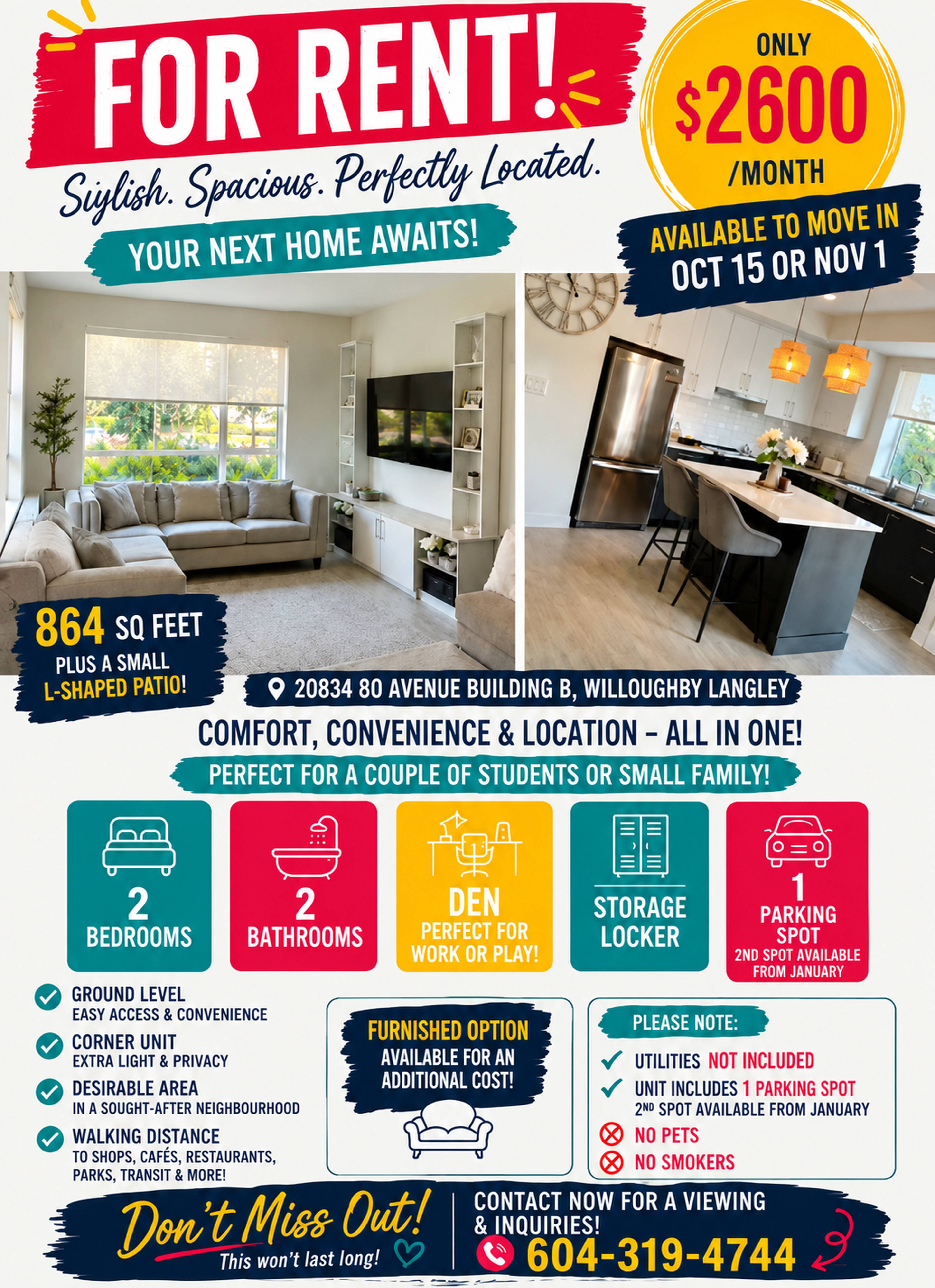2 Bed  · 2 Bath for rent $2,600 / month
