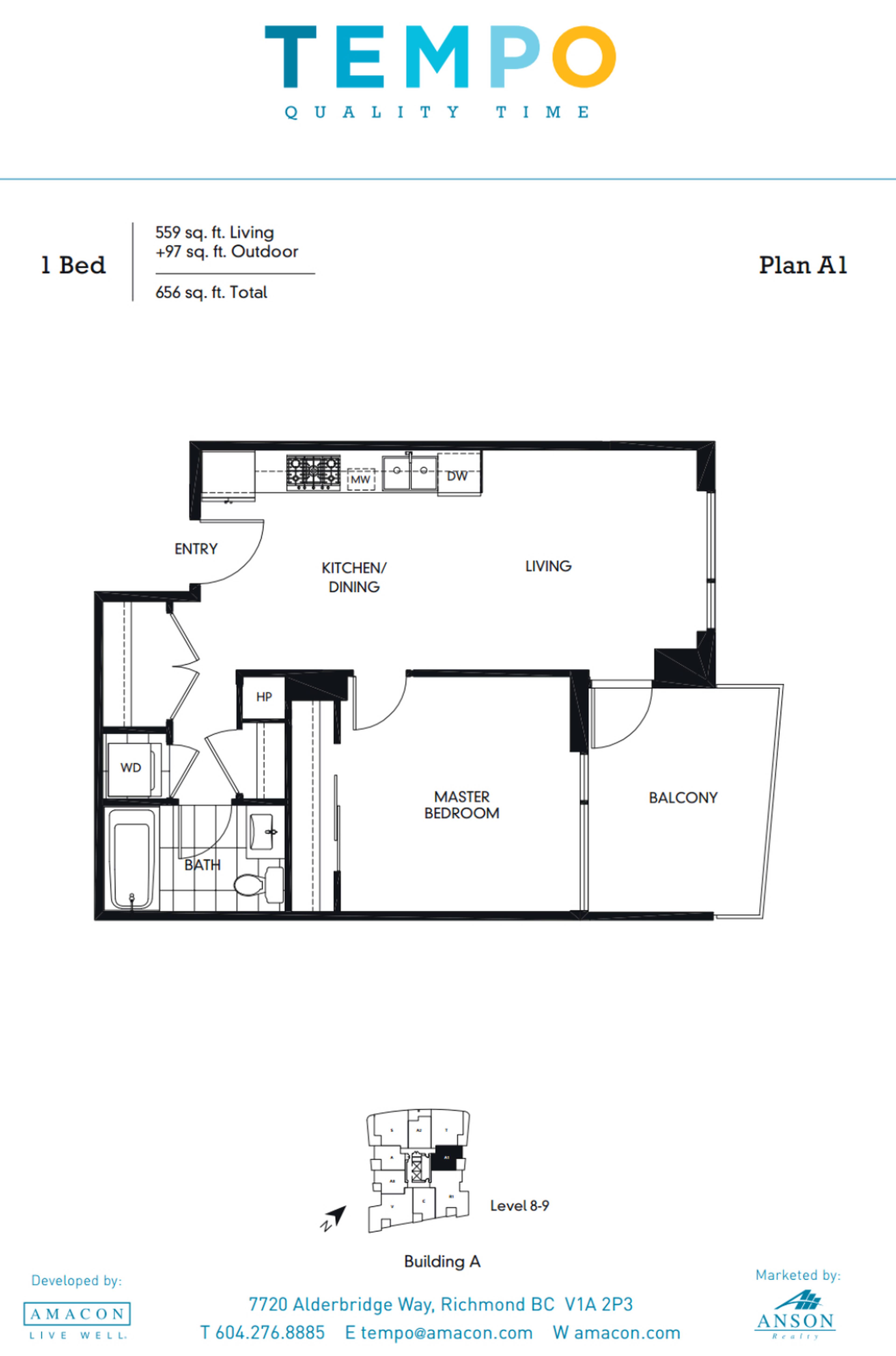 606 7688 Alderbridge Way, Richmond, BC 1 Bedroom Apartment for Rent